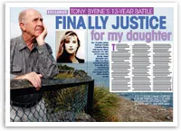 Man leaning on a fence, looking thoughtful; inset photo of a young woman; headline reads "Finally Justice for My Daughter."