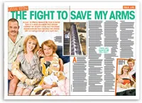 Family sitting together, two females with bandaged arms; magazine article titled "The Fight to Save My Arms."