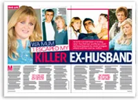 A magazine spread featuring a woman and a family, with bold text "WA Mum I Escaped My Killer Ex-Husband."