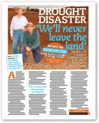 Two people on dry farmland with a headline about drought disaster and resilience.