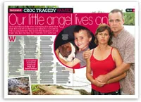 Family portrait from "Croc Tragedy" article; parents embracing, holding a photo of a child with a dog.