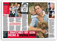 Father holding son and dog, with text: "I Snatched My Son from a Kidnapper," family images and suspect sketch visible.