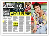 A woman in a colorful shirt sits pensively; “I Lost My Whole Family” headline on the page.