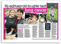 Mother and daughter smiling outdoors, daughter biking, and daughter in a hospital bed with oxygen tube.