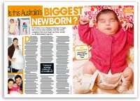 Australia's biggest newborn article with large baby in red outfit and text describing birth details.