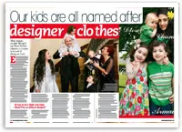Family poses with children named after designers, featuring playful and affectionate moments together.