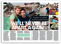 A man and a woman embrace in front of earthquake rubble, with a headline about their experience and children in the background.