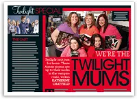 Group of women, dubbed "Twilight Mums," joyfully hold Twilight books; magazine layout with images and text.
