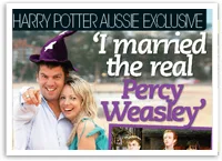 Couple smiling on beach, man wearing wizard hat; headline: "I married the real Percy Weasley."