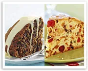 Side-by-side comparison of a dark, iced fruitcake and a lighter, fruit-filled Christmas cake slice.