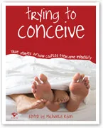 Cover of "Trying to Conceive" book featuring feet of a couple in bed, with a red background and white text.