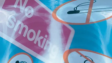 No smoking and anti-smoking symbols layered over an X-ray background, promoting cancer risk reduction.