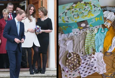 "Prince William and Kate leaving a building, left; Finnish baby box and clothes spread out, right."