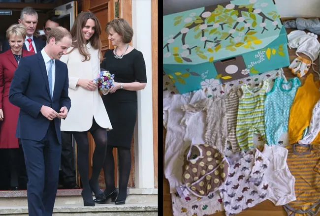"Prince William and Kate leaving a building, left; Finnish baby box and clothes spread out, right."