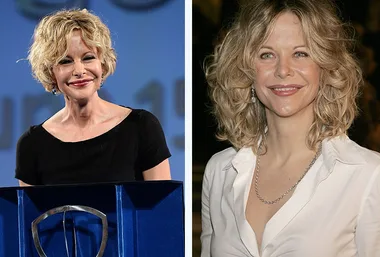 Meg Ryan with curly blonde hair, speaking at an event in a black dress (left) and smiling in a white shirt (right).