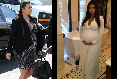 Pregnant woman in a patterned dress outside and in a white dress inside by a bathtub.