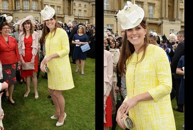 Duchess in a yellow dress and white hat smiles at a garden party with guests at the background.