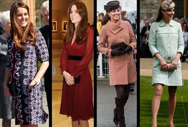 "Four images of a woman in stylish maternity outfits: floral dress, red dress, brown coat, and mint coat."