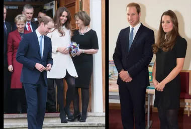 A woman in white holding flowers and a man in a suit at an event, joined by several others in formal attire.