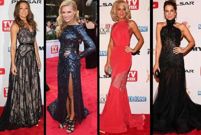 Four women posing on the red carpet at the Logie Awards, wearing elegant gowns in black, blue, red, and black.