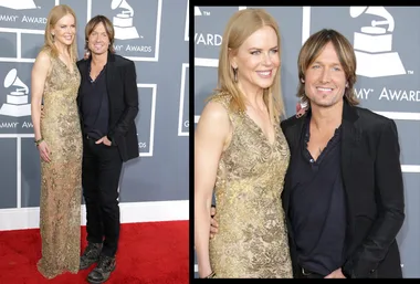 Couple poses on the red carpet at the Grammys, dressed elegantly in a gold dress and dark suit.