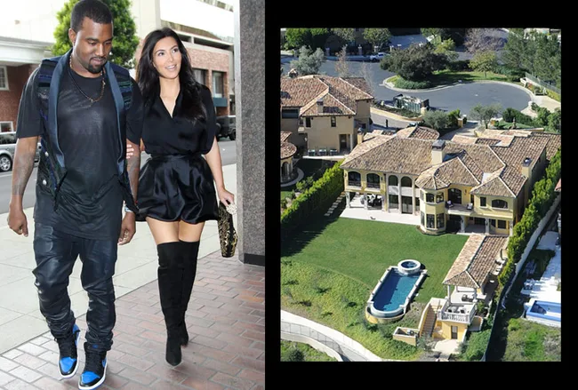 Couple walking; large luxury home with pool and garden view.