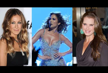 Celebrities at events: woman in black dress, singer performing in sparkly outfit, woman in black top with green earrings.