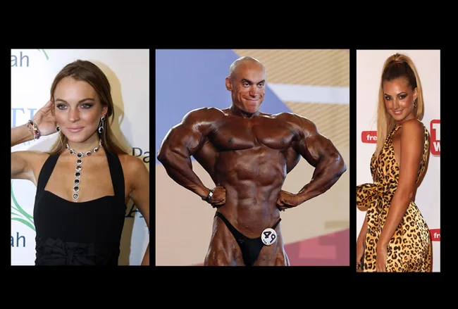Three individuals with visibly overdone fake tans, including a bodybuilder, in distinct outfits at events.