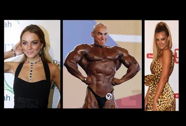Three individuals with visibly overdone fake tans, including a bodybuilder, in distinct outfits at events.
