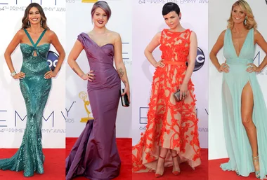 Four women in elegant gowns on the red carpet at the 64th Prime Emmy Awards.