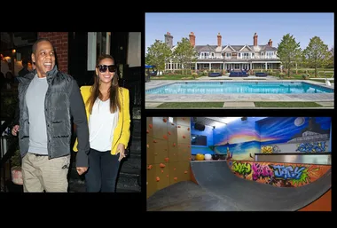 Beyoncé and Jay-Z outside, luxury mansion with pool, indoor skate park with graffiti art, climbing wall.