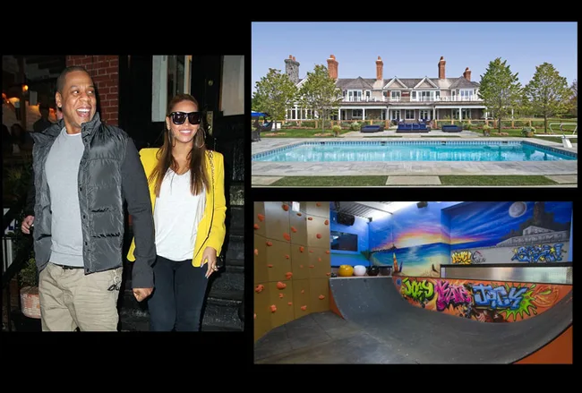 Beyoncé and Jay-Z outside, luxury mansion with pool, indoor skate park with graffiti art, climbing wall.