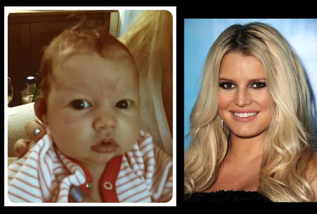 Baby and woman side by side: a baby in red-striped outfit, and a woman with long blonde hair smiling at an event.
