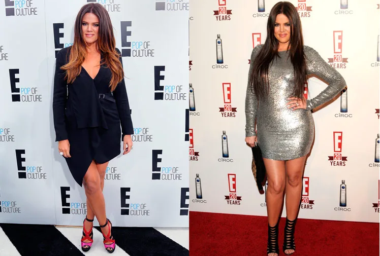 Khloe Kardashian poses at events in stylish outfits; one black with heels, the other in a silver dress.