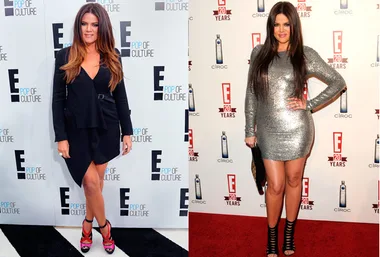 Khloe Kardashian poses at events in stylish outfits; one black with heels, the other in a silver dress.