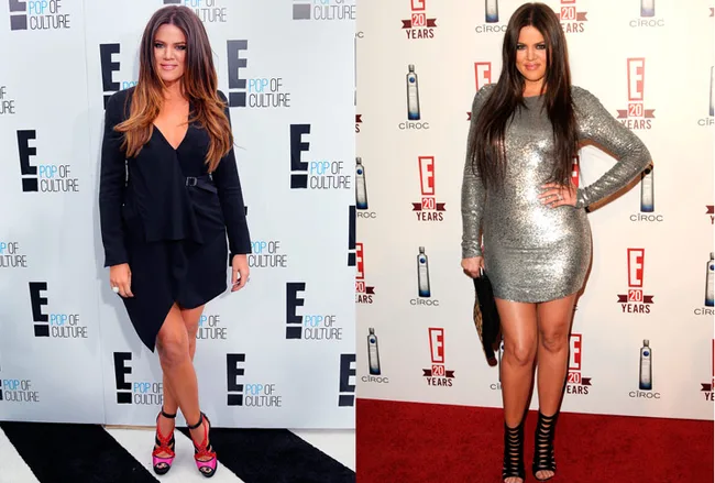 Khloe Kardashian poses at events in stylish outfits; one black with heels, the other in a silver dress.