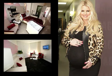 Pregnant woman in leopard jacket, smiling; luxury hospital birthing suite with modern amenities and seating area shown.