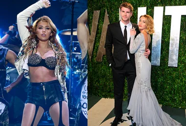 Miley Cyrus performing on stage with a bold outfit; posing with Liam in an elegant gown at an event.