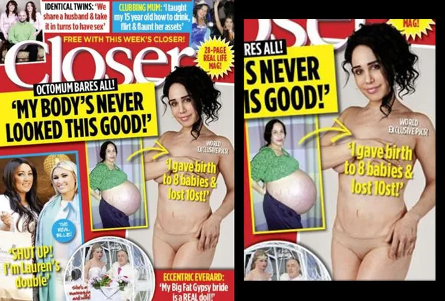 "Magazine cover with Octomum posing topless, headline about body transformation after giving birth to octuplets."