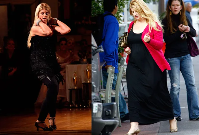 Kirstie Alley dancing in black dress; walking in pink sweater and black dress outdoors.