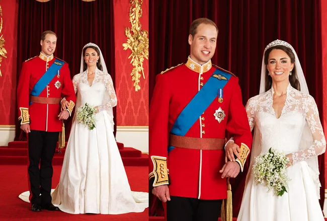 A couple in wedding attire poses in a regal setting; the man in military uniform, the woman in a lace gown.