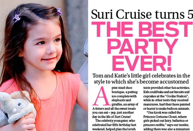 Little girl in pink dress holding stuffed elephant, smiling; next to article headline "Suri Cruise turns 5: The Best Party Ever!".