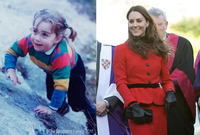 Child on left in colorful sweater, adult on right in red coat at event.