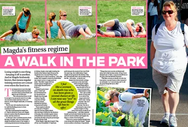 Magda Szubanski exercising in a park, engaging in various fitness activities, and walking while wearing casual workout attire.