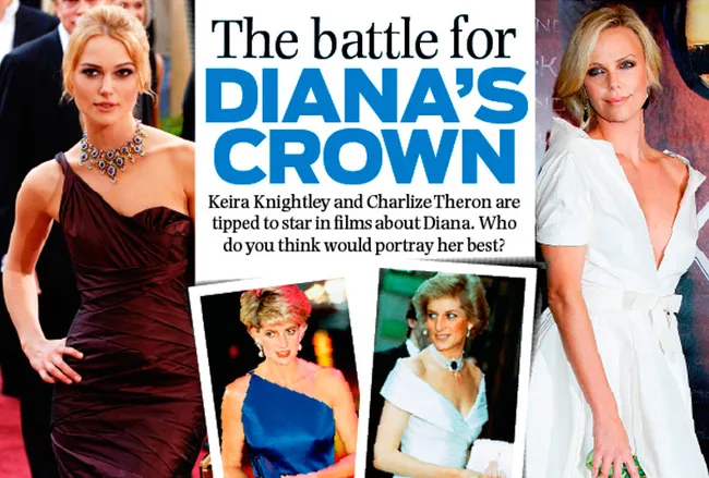 The headline "The battle for Diana's crown" with Keira Knightley, Charlize Theron, and photos of Diana.