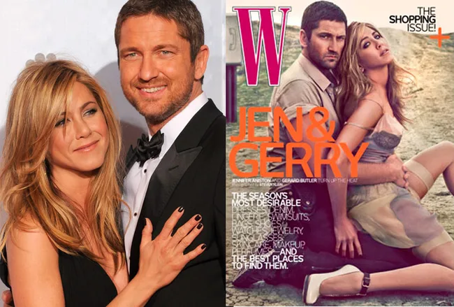Jennifer Aniston and Gerard Butler on W Magazine cover and at an event in elegant attire.