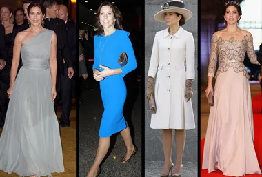 Princess Mary in four elegant outfits: a grey gown, a blue dress, a white coat and hat, and a tiara with an ornate gown.