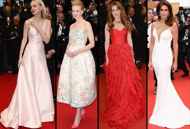 Red carpet fashion at Cannes 2013 showing four women in elegant gowns, surrounded by photographers.