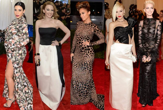 Five women in elegant dresses on the red carpet at the Met Gala, featuring floral, black-white, leopard print, and black gowns.