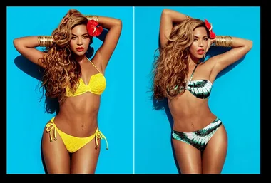 Two images of a woman in stylish bikinis posing against a blue background, wearing gold bangles and a red flower in her hair.